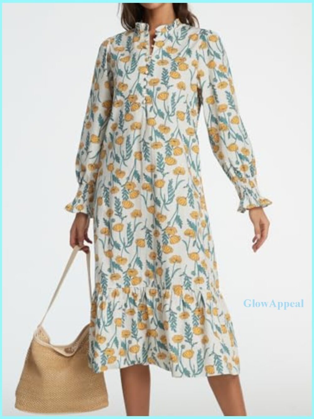 Cotton Midi Dress with Puff Sleeves and Mock Neck for Casual Wear - Picture 5 of 7